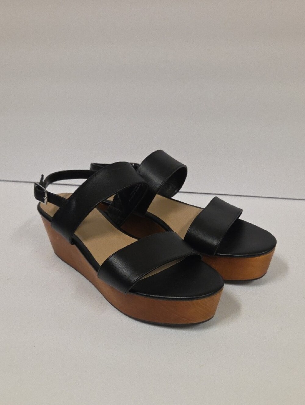 J Jill Black Leather Platform Wedge Sandals Wood Heel Buckle Strap Size 9